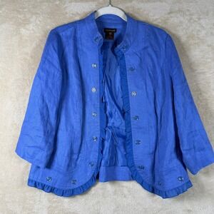 Multiples Blue 100% Linen Ruffle Collar 3/4 Sleeve Open Front Blazer Women PM